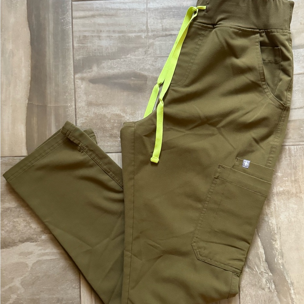 Figs Olive Green Boot Cut Pants with Neon Accents